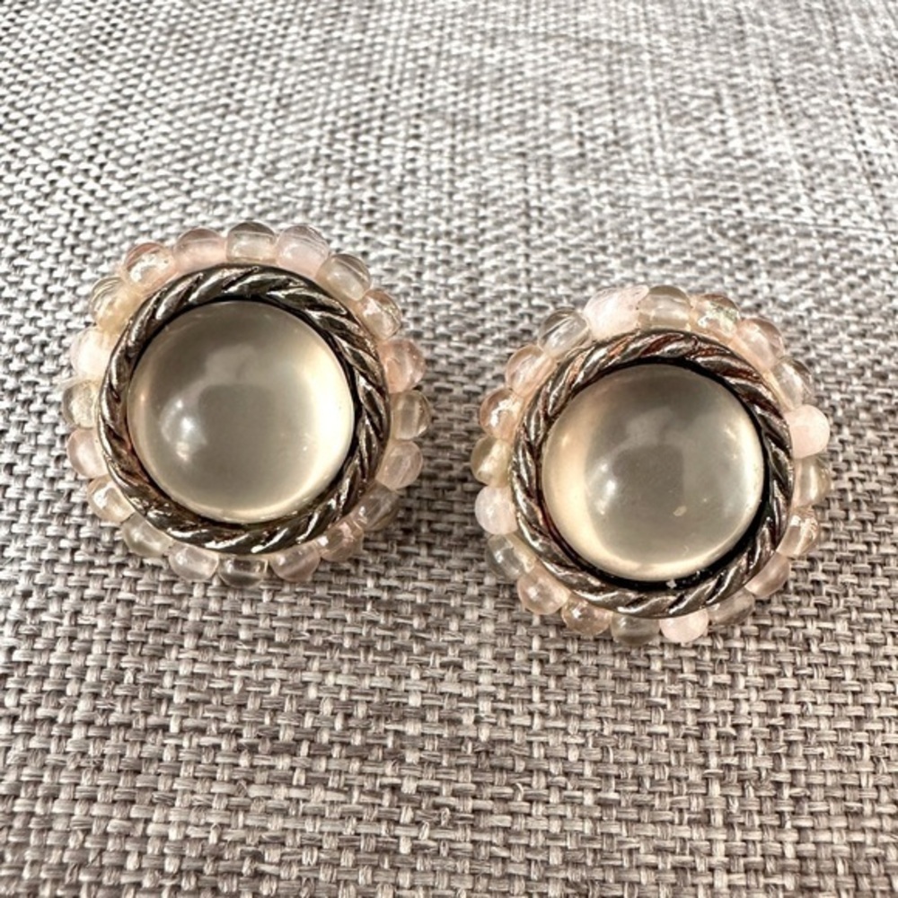 Vintage 60s Moonstone Blush Pink Bead Trim Silver Twist Round Clip Earrings